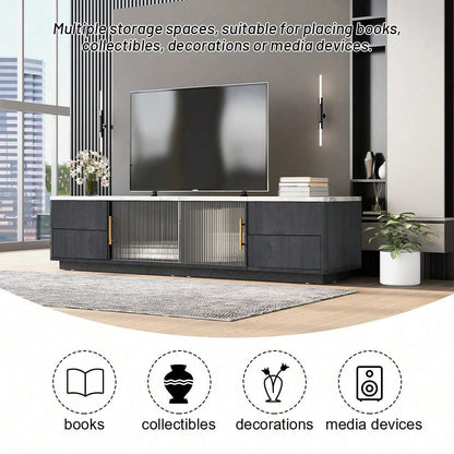 160cm Deluxe TV Stand für 70" TV - Stilvolles Grau, marmorierte Tischplatte, Kabelmanagement, Schubladen mit Push-to-Open-Funktion