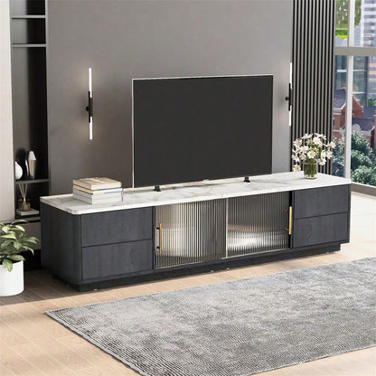 160cm Deluxe TV Stand für 70" TV - Stilvolles Grau, marmorierte Tischplatte, Kabelmanagement, Schubladen mit Push-to-Open-Funktion