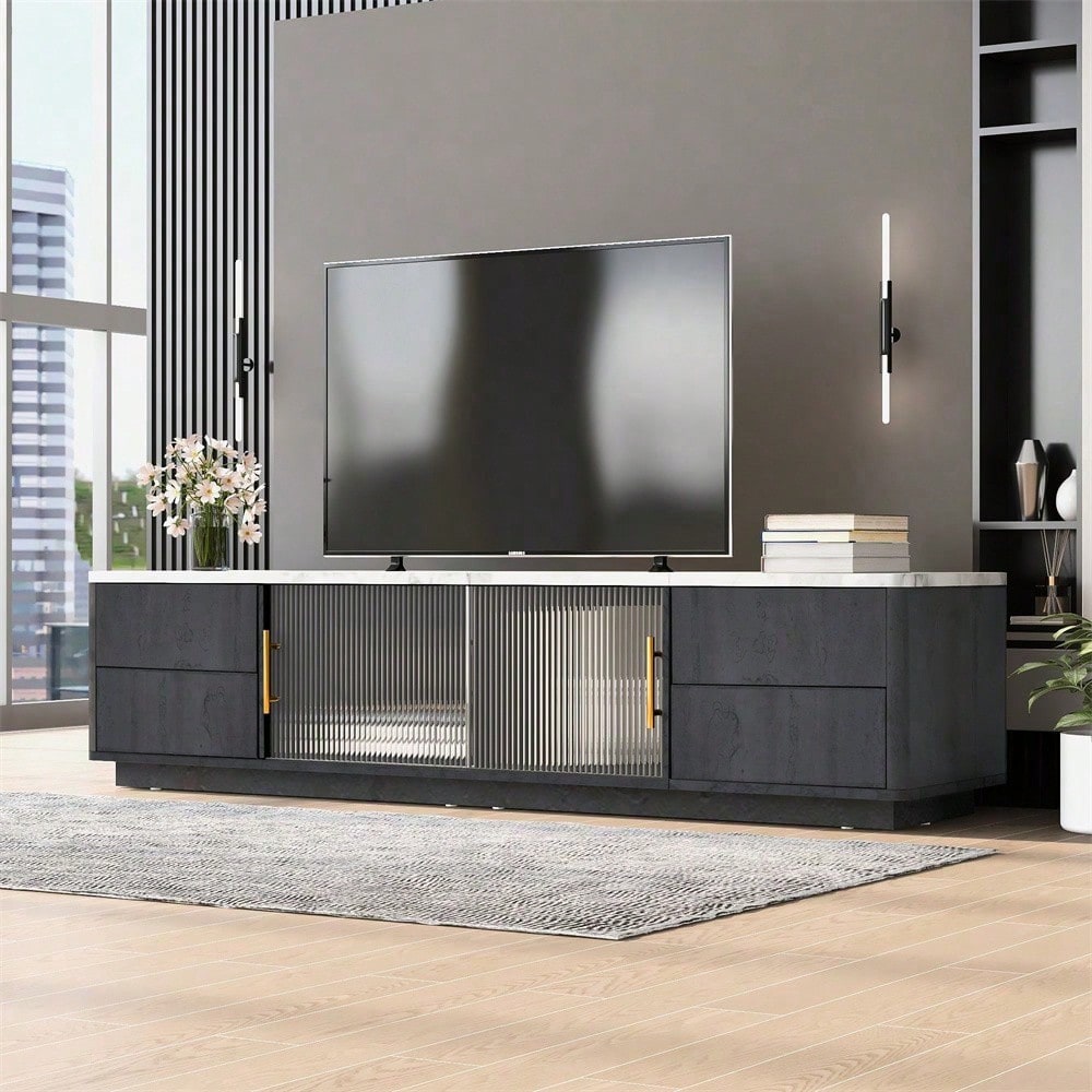 160cm Deluxe TV Stand für 70" TV - Stilvolles Grau, marmorierte Tischplatte, Kabelmanagement, Schubladen mit Push-to-Open-Funktion