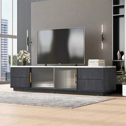 160cm Deluxe TV Stand für 70" TV - Stilvolles Grau, marmorierte Tischplatte, Kabelmanagement, Schubladen mit Push-to-Open-Funktion