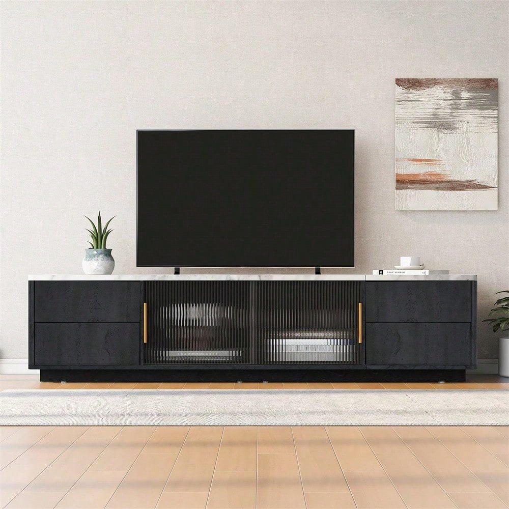 160cm Deluxe TV Stand für 70" TV - Stilvolles Grau, marmorierte Tischplatte, Kabelmanagement, Schubladen mit Push-to-Open-Funktion