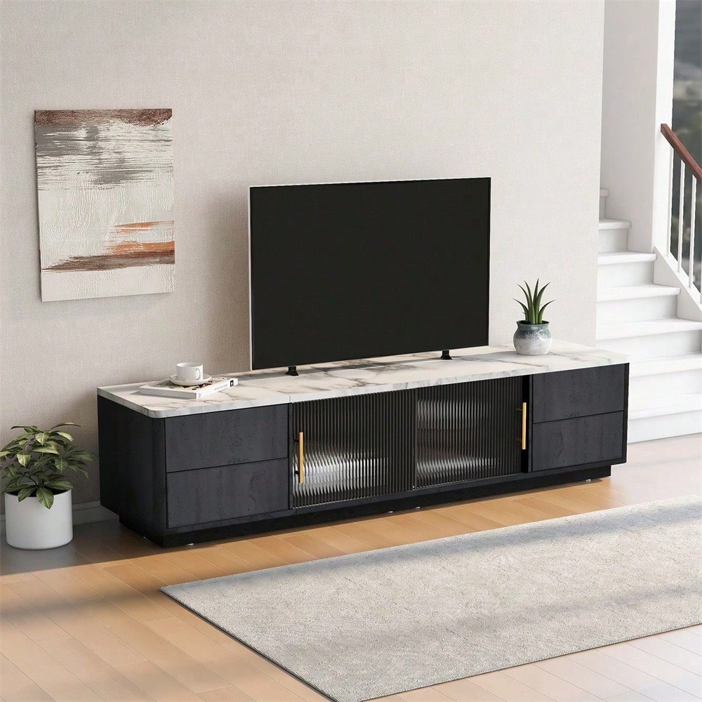 160cm Deluxe TV Stand für 70" TV - Stilvolles Grau, marmorierte Tischplatte, Kabelmanagement, Schubladen mit Push-to-Open-Funktion