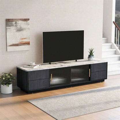 160cm Deluxe TV Stand für 70" TV - Stilvolles Grau, marmorierte Tischplatte, Kabelmanagement, Schubladen mit Push-to-Open-Funktion