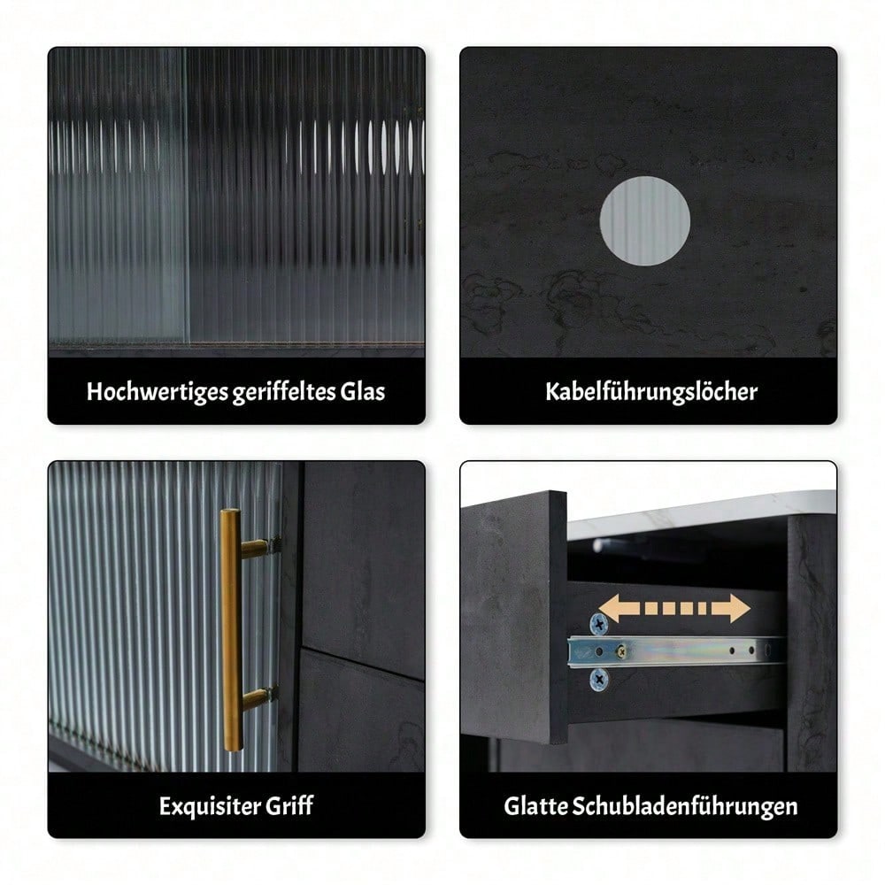 160cm Deluxe TV Stand für 70" TV - Stilvolles Grau, marmorierte Tischplatte, Kabelmanagement, Schubladen mit Push-to-Open-Funktion