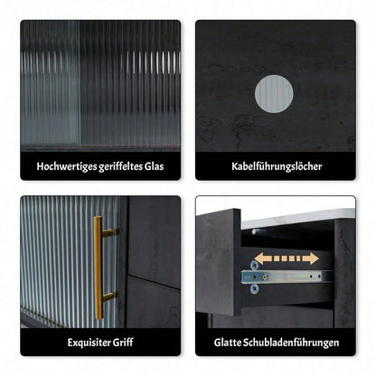 160cm Deluxe TV Stand für 70" TV - Stilvolles Grau, marmorierte Tischplatte, Kabelmanagement, Schubladen mit Push-to-Open-Funktion