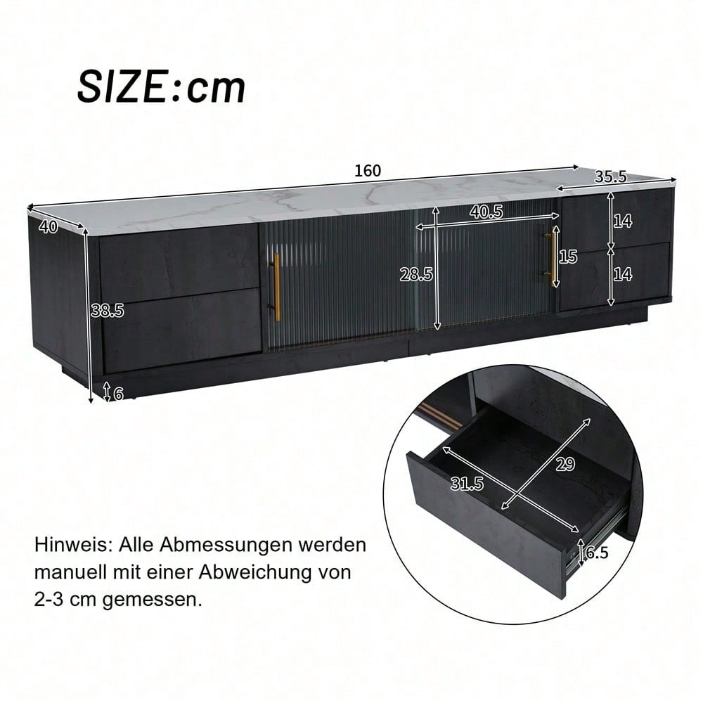 160cm Deluxe TV Stand für 70" TV - Stilvolles Grau, marmorierte Tischplatte, Kabelmanagement, Schubladen mit Push-to-Open-Funktion