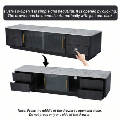 160cm Deluxe TV Stand für 70" TV - Stilvolles Grau, marmorierte Tischplatte, Kabelmanagement, Schubladen mit Push-to-Open-Funktion