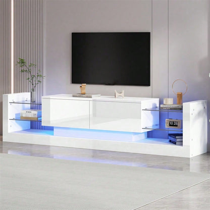 Hochglanz-TV-Schrank mit LED-Beleuchtung, 181 cm – Für Fernseher bis 80 Zoll, Glasfront, zwei klappbare Schubladen