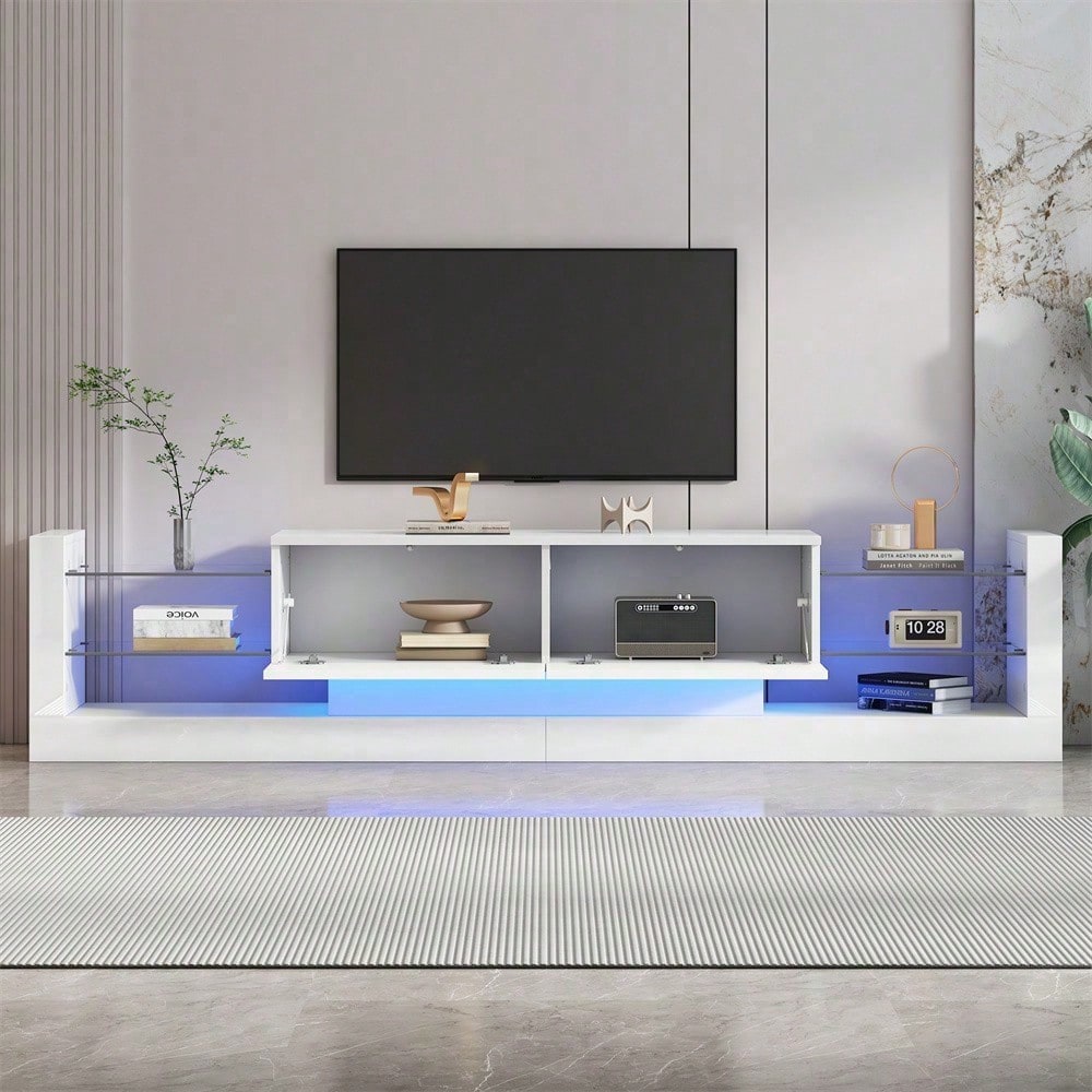 Hochglanz-TV-Schrank mit LED-Beleuchtung, 181 cm – Für Fernseher bis 80 Zoll, Glasfront, zwei klappbare Schubladen