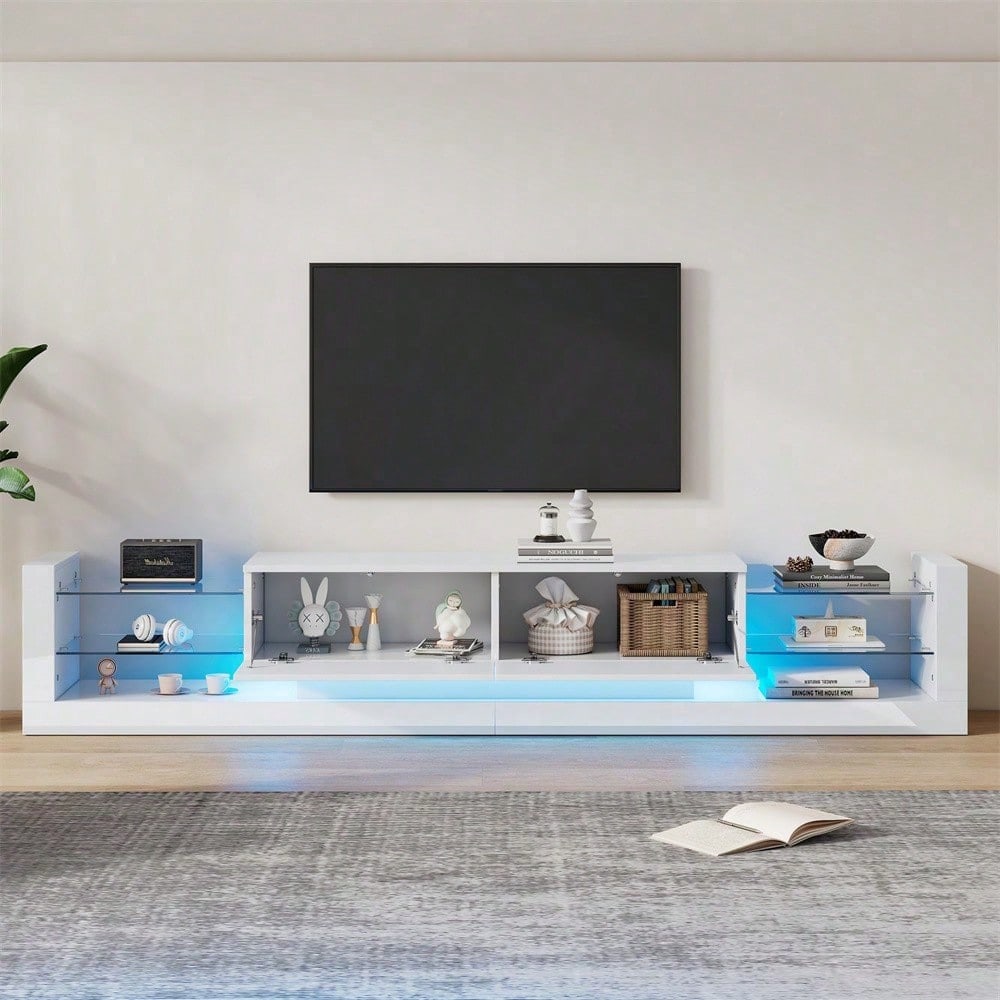 Hochglanz-TV-Schrank mit LED-Beleuchtung, 181 cm – Für Fernseher bis 80 Zoll, Glasfront, zwei klappbare Schubladen
