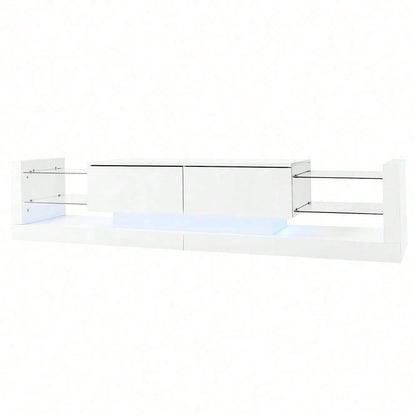Hochglanz-TV-Schrank mit LED-Beleuchtung, 181 cm – Für Fernseher bis 80 Zoll, Glasfront, zwei klappbare Schubladen