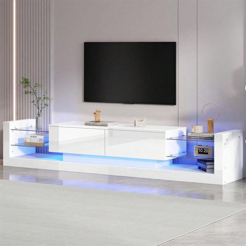 Hochglanz-TV-Schrank mit LED-Beleuchtung, 181 cm – Für Fernseher bis 80 Zoll, Glasfront, zwei klappbare Schubladen