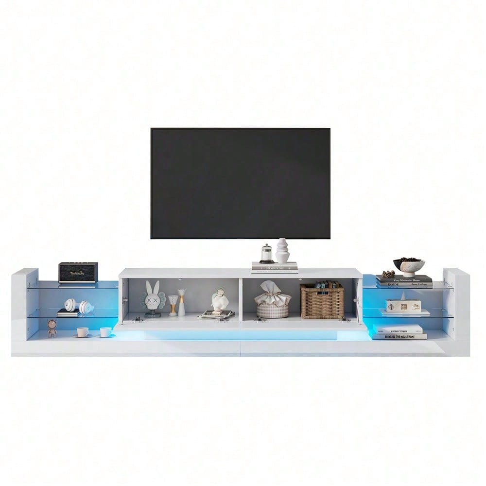 Hochglanz-TV-Schrank mit LED-Beleuchtung, 181 cm – Für Fernseher bis 80 Zoll, Glasfront, zwei klappbare Schubladen