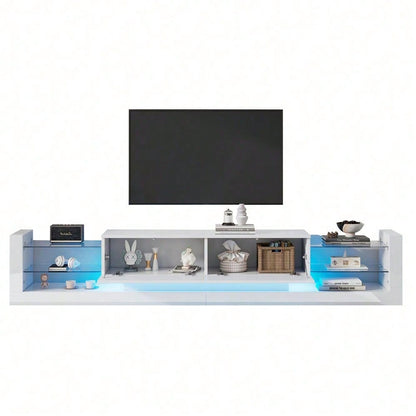 Hochglanz-TV-Schrank mit LED-Beleuchtung, 181 cm – Für Fernseher bis 80 Zoll, Glasfront, zwei klappbare Schubladen