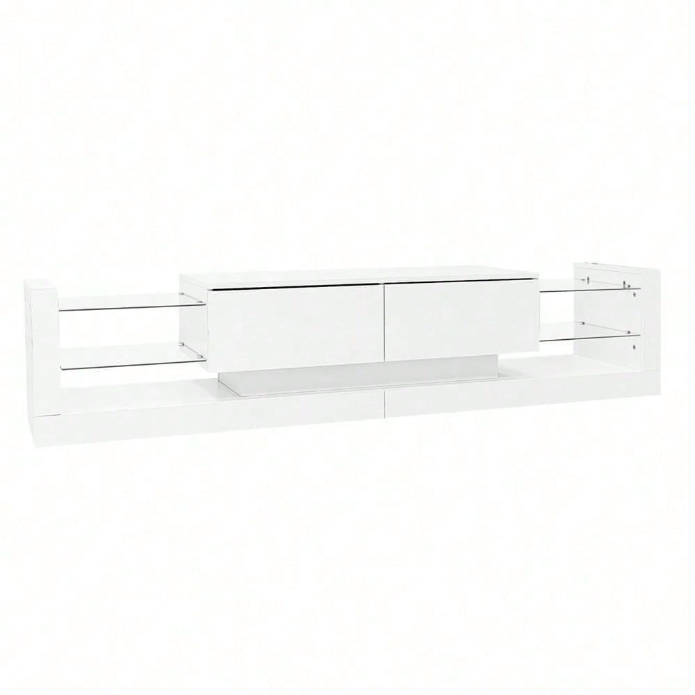 Hochglanz-TV-Schrank mit LED-Beleuchtung, 181 cm – Für Fernseher bis 80 Zoll, Glasfront, zwei klappbare Schubladen