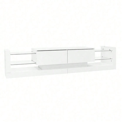 Hochglanz-TV-Schrank mit LED-Beleuchtung, 181 cm – Für Fernseher bis 80 Zoll, Glasfront, zwei klappbare Schubladen