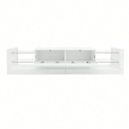 Hochglanz-TV-Schrank mit LED-Beleuchtung, 181 cm – Für Fernseher bis 80 Zoll, Glasfront, zwei klappbare Schubladen