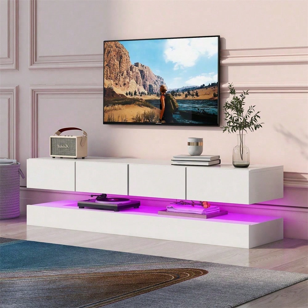 TV Lowboard,Wandmontierter TV-Schrank,TV-Ständer, TV-Möbel mit 2 Schränken und 4 großen Schubladen, 16-farbige Beleuchtung Wandschrank für bis zu 55 Zoll Fernseher Weiß 130*33*15cm
