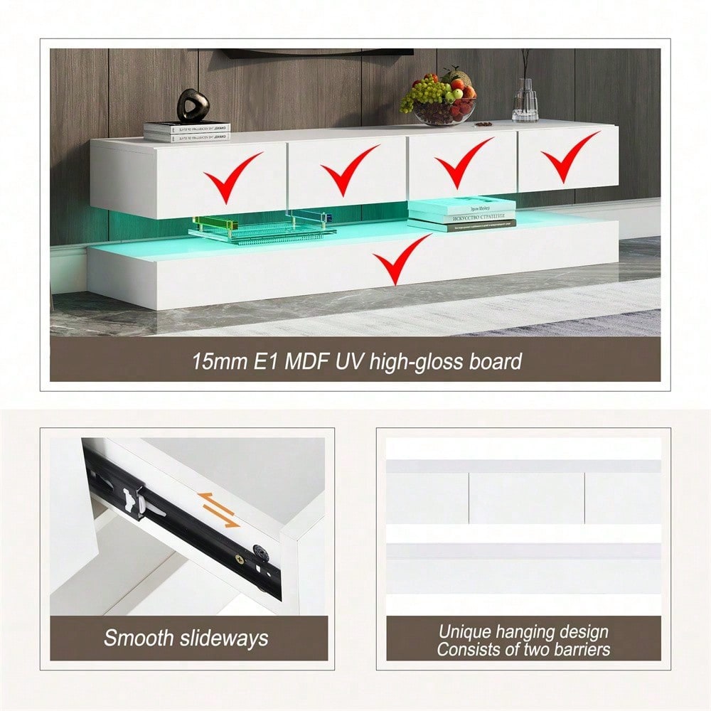 TV Lowboard,Wandmontierter TV-Schrank,TV-Ständer, TV-Möbel mit 2 Schränken und 4 großen Schubladen, 16-farbige Beleuchtung Wandschrank für bis zu 55 Zoll Fernseher Weiß 130*33*15cm