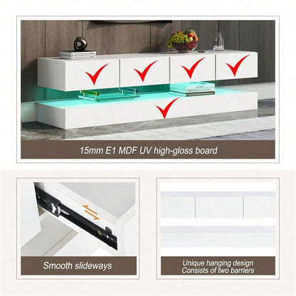 TV Lowboard,Wandmontierter TV-Schrank,TV-Ständer, TV-Möbel mit 2 Schränken und 4 großen Schubladen, 16-farbige Beleuchtung Wandschrank für bis zu 55 Zoll Fernseher Weiß 130*33*15cm