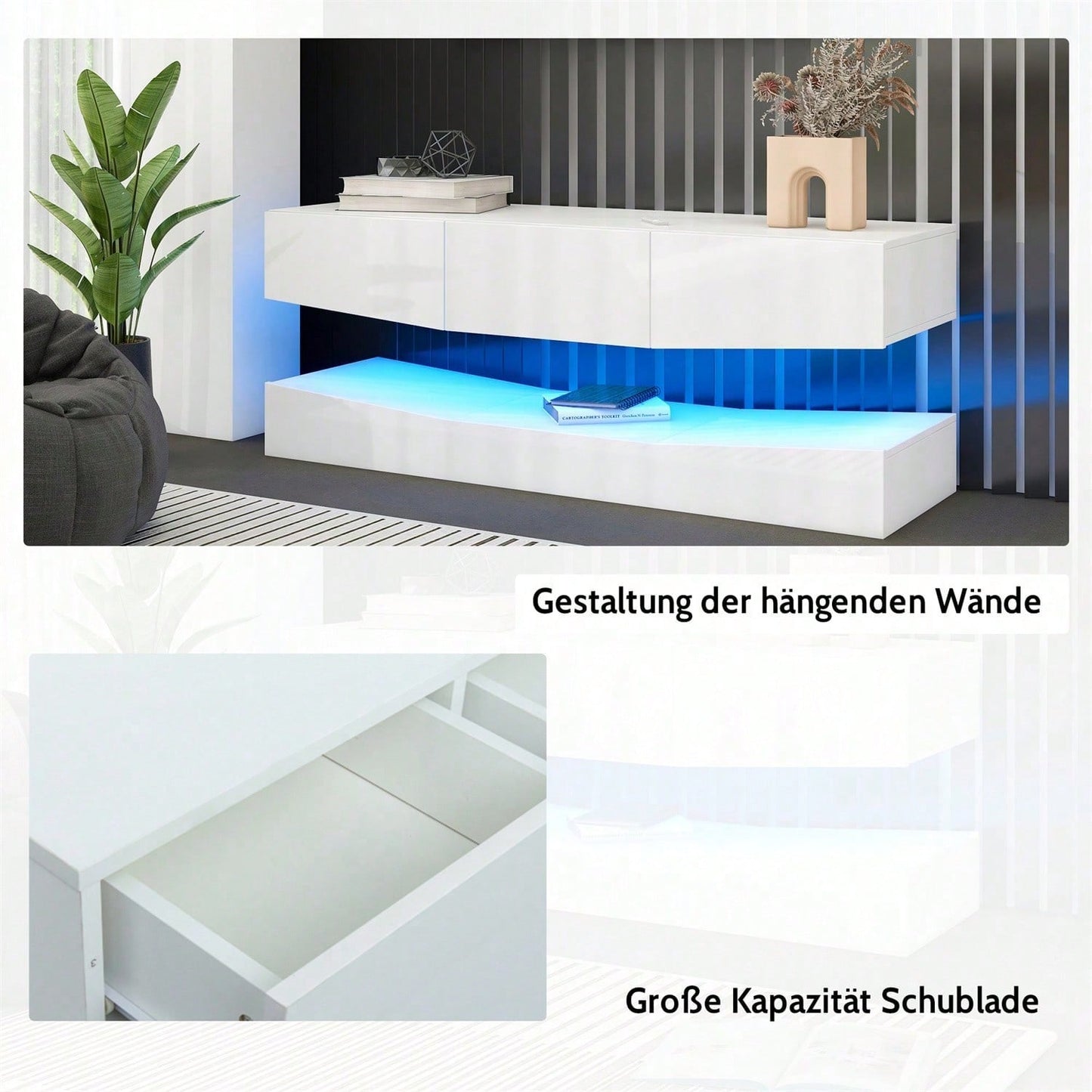 TV Board Hängend TV Stand TV Schank mit LED-Beleuchtung TV Schrank Hängend Wand befestigter schwimmender TV-Ständer Unterhaltungs Medienkonsolen-Center für Wohnzimmer Home