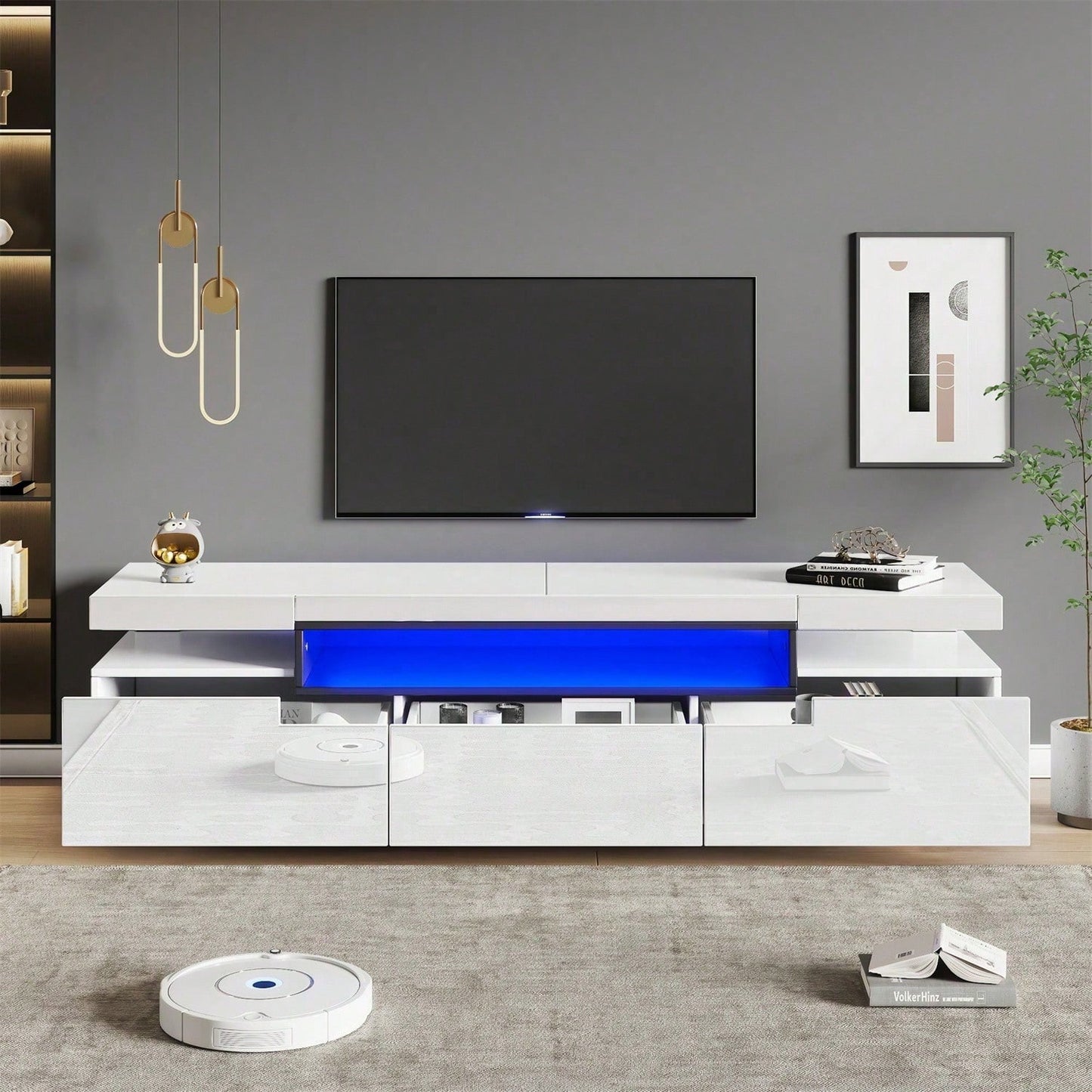 Eleganter Hochglanz-TV-Schrank 160x39x42cm – Weiß mit 16 Farben LED-Beleuchtung – Platz für 70 Zoll Fernseher – Inklusive 3 Schubladen,Hochglanz-TV-Ständer