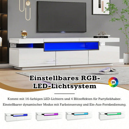 Eleganter Hochglanz-TV-Schrank 160x39x42cm – Weiß mit 16 Farben LED-Beleuchtung – Platz für 70 Zoll Fernseher – Inklusive 3 Schubladen,Hochglanz-TV-Ständer