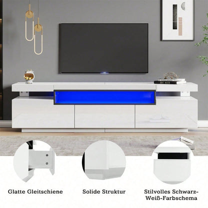 Eleganter Hochglanz-TV-Schrank 160x39x42cm – Weiß mit 16 Farben LED-Beleuchtung – Platz für 70 Zoll Fernseher – Inklusive 3 Schubladen,Hochglanz-TV-Ständer