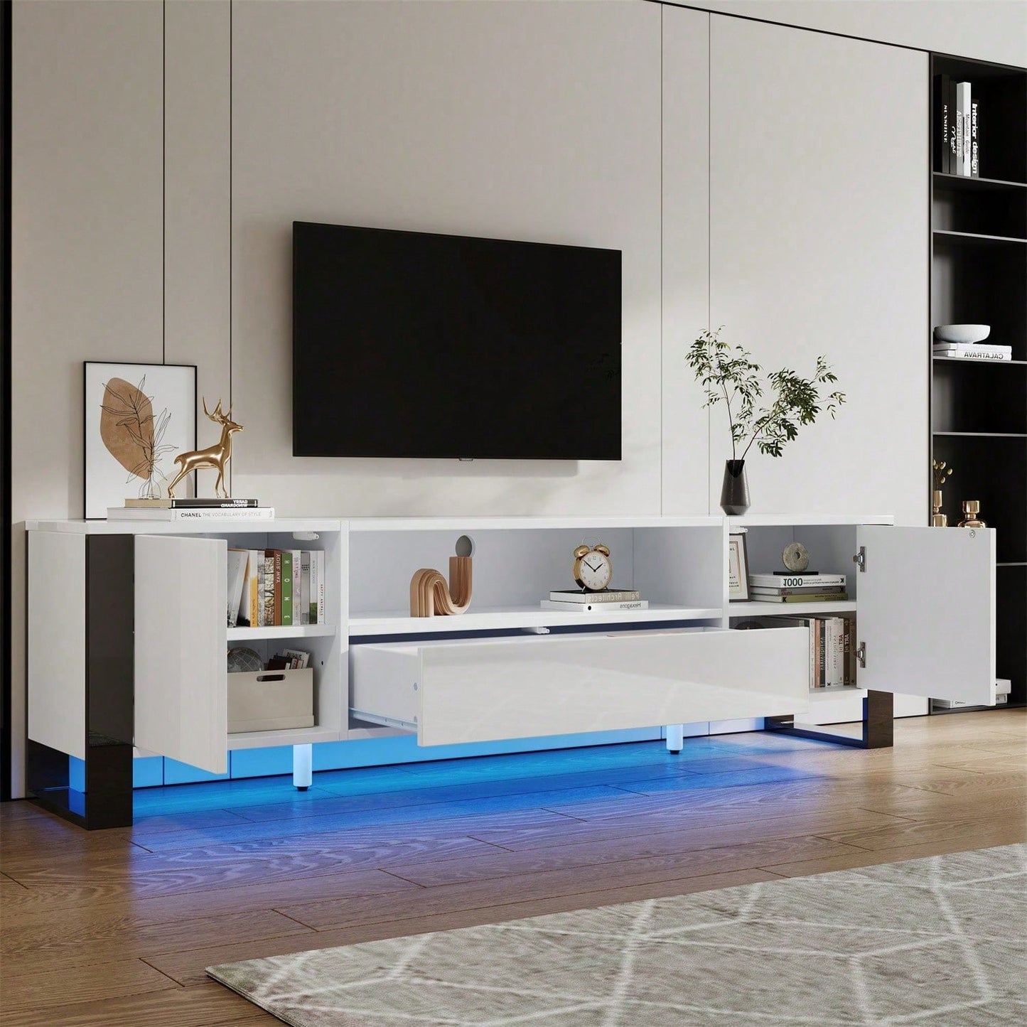 Moderner Hochglanz-TV-Schrank in Weiß mit LED-Beleuchtung und Stauraum 178 cm, für bis zu 70-Zoll-TVs