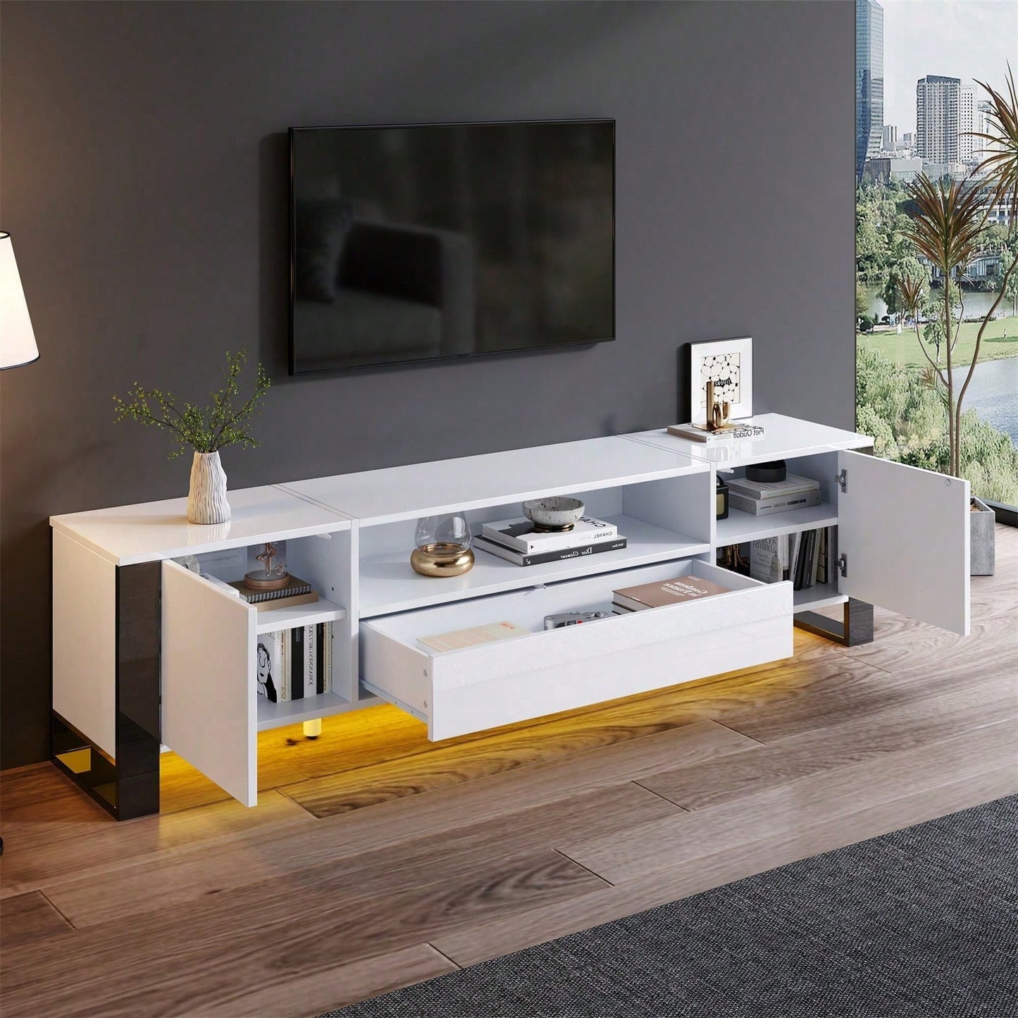 Moderner Hochglanz-TV-Schrank in Weiß mit LED-Beleuchtung und Stauraum 178 cm, für bis zu 70-Zoll-TVs