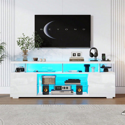 Moderner Low-Panel-Hochglanz-TV-Ständer mit LED-Beleuchtung, TV-Panel, TV-Glasschrank für 60-Zoll-Fernseher, Tische, universelle Gaming-Medienständer, Stauschränke und große Stauräume, Reinweiß Moderner Low-Panel-Hochglanz-TV-Ständer mit LED-Beleuchtung,