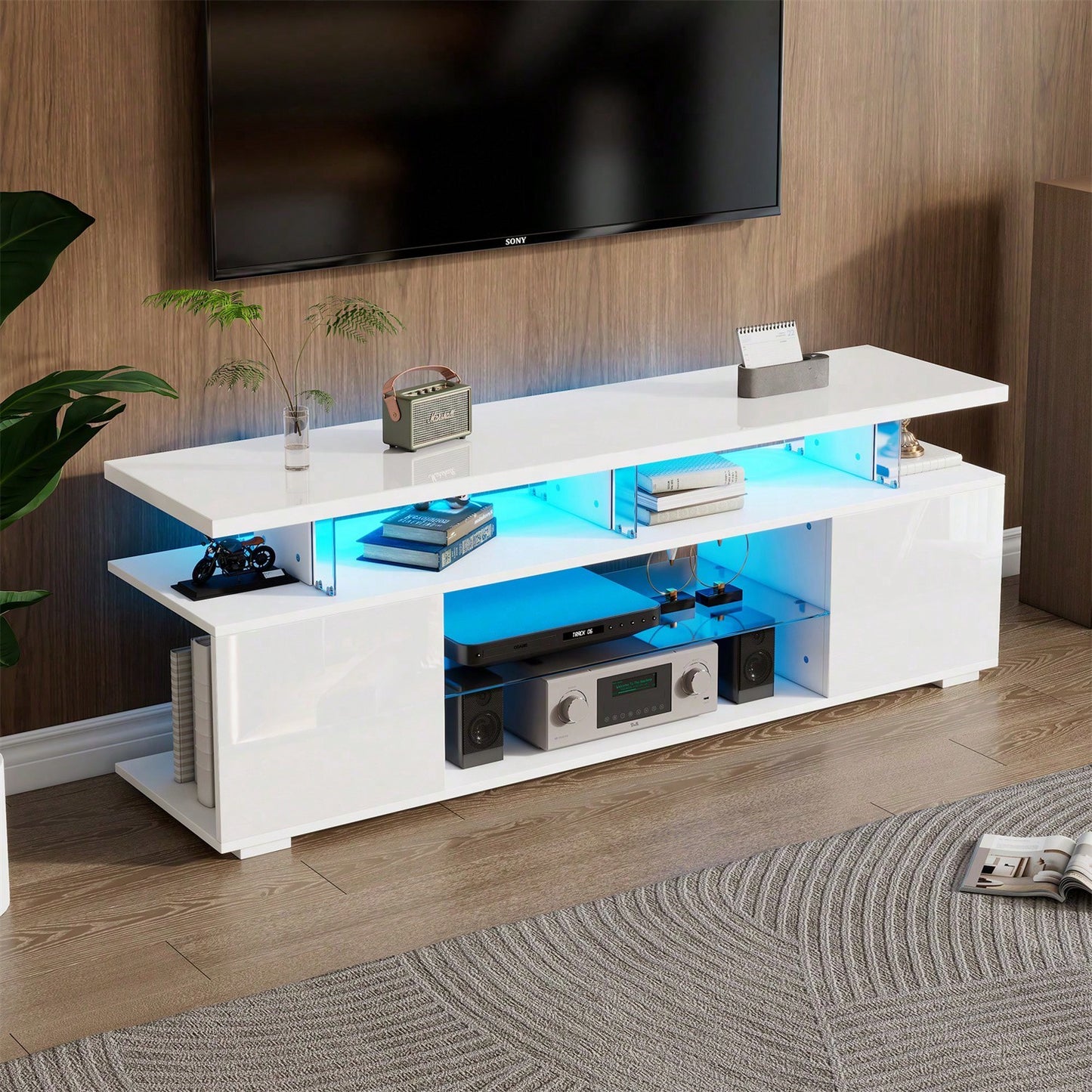 Moderner Low-Panel-Hochglanz-TV-Ständer mit LED-Beleuchtung, TV-Panel, TV-Glasschrank für 60-Zoll-Fernseher, Tische, universelle Gaming-Medienständer, Stauschränke und große Stauräume, Reinweiß Moderner Low-Panel-Hochglanz-TV-Ständer mit LED-Beleuchtung,