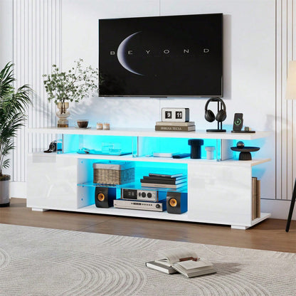 Moderner Low-Panel-Hochglanz-TV-Ständer mit LED-Beleuchtung, TV-Panel, TV-Glasschrank für 60-Zoll-Fernseher, Tische, universelle Gaming-Medienständer, Stauschränke und große Stauräume, Reinweiß Moderner Low-Panel-Hochglanz-TV-Ständer mit LED-Beleuchtung,