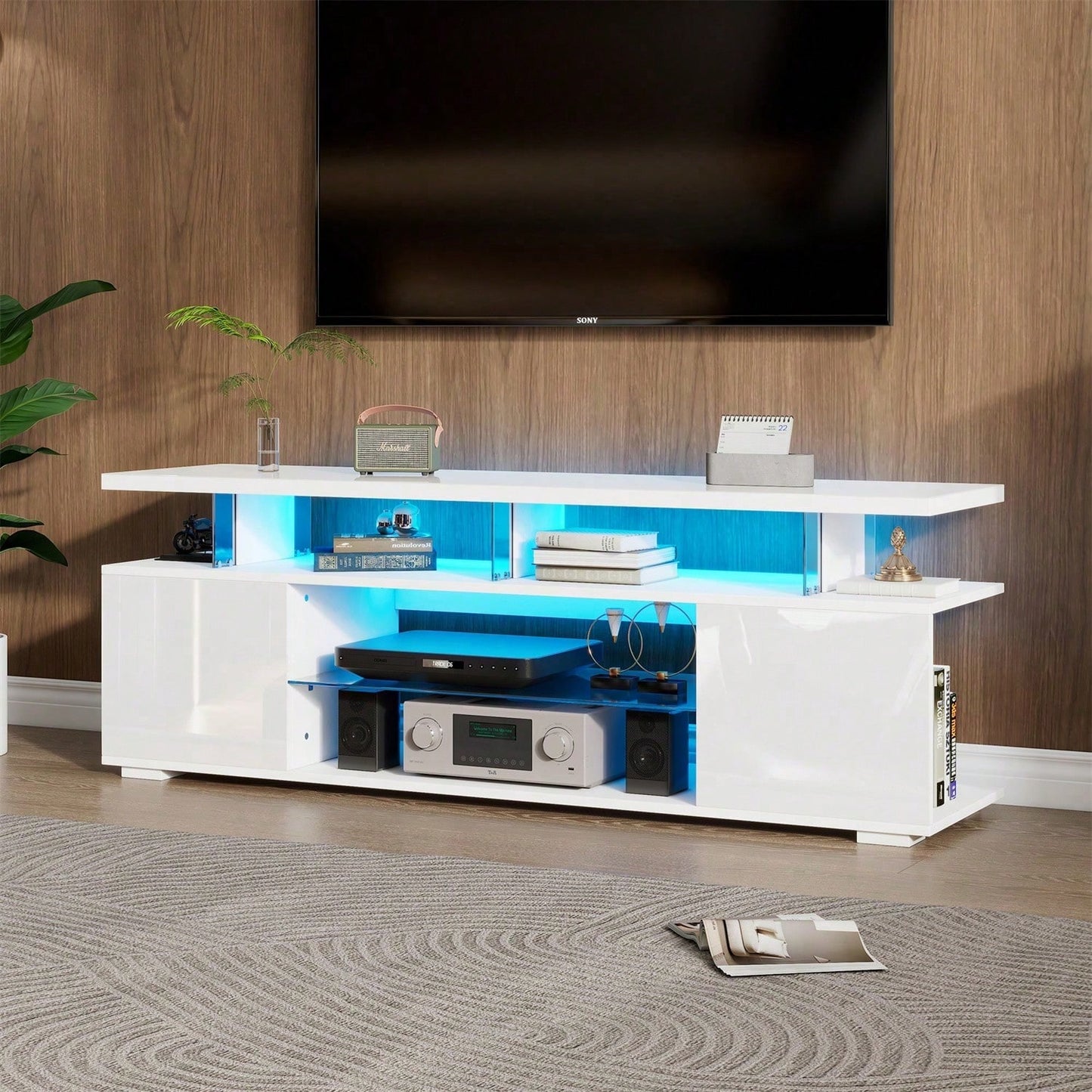 Moderner Low-Panel-Hochglanz-TV-Ständer mit LED-Beleuchtung, TV-Panel, TV-Glasschrank für 60-Zoll-Fernseher, Tische, universelle Gaming-Medienständer, Stauschränke und große Stauräume, Reinweiß Moderner Low-Panel-Hochglanz-TV-Ständer mit LED-Beleuchtung,