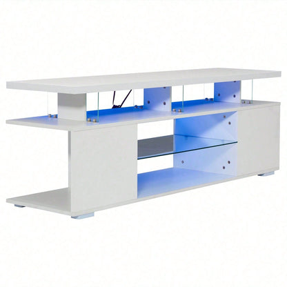 Moderner Low-Panel-Hochglanz-TV-Ständer mit LED-Beleuchtung, TV-Panel, TV-Glasschrank für 60-Zoll-Fernseher, Tische, universelle Gaming-Medienständer, Stauschränke und große Stauräume, Reinweiß Moderner Low-Panel-Hochglanz-TV-Ständer mit LED-Beleuchtung,