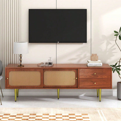 Stilvoller TV-Ständer mit Rattan-Schiebetüren und praktischen Schubladen, Nussbaum mit dunklem Kunststoff-Rattan, 2 Schubladen, 2 Rattan-Schiebetüren, 4 Fächer zur Aufbewahrung, 160*40*60cm.