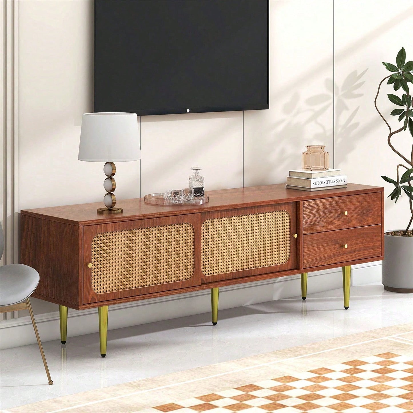 Stilvoller TV-Ständer mit Rattan-Schiebetüren und praktischen Schubladen, Nussbaum mit dunklem Kunststoff-Rattan, 2 Schubladen, 2 Rattan-Schiebetüren, 4 Fächer zur Aufbewahrung, 160*40*60cm.