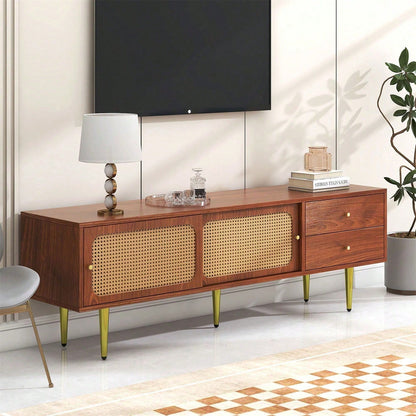 Stilvoller TV-Ständer mit Rattan-Schiebetüren und praktischen Schubladen, Nussbaum mit dunklem Kunststoff-Rattan, 2 Schubladen, 2 Rattan-Schiebetüren, 4 Fächer zur Aufbewahrung, 160*40*60cm.