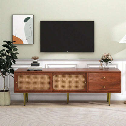 Stilvoller TV-Ständer mit Rattan-Schiebetüren und praktischen Schubladen, Nussbaum mit dunklem Kunststoff-Rattan, 2 Schubladen, 2 Rattan-Schiebetüren, 4 Fächer zur Aufbewahrung, 160*40*60cm.