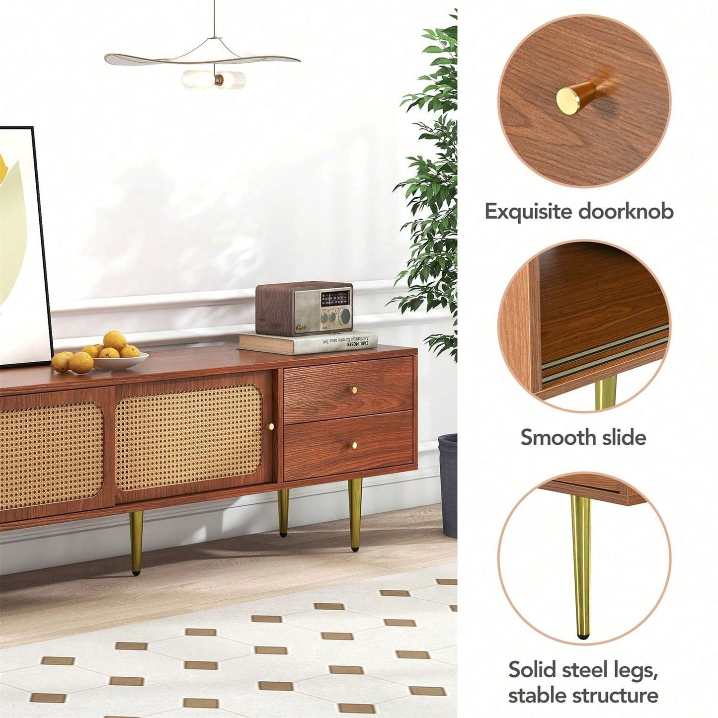 Stilvoller TV-Ständer mit Rattan-Schiebetüren und praktischen Schubladen, Nussbaum mit dunklem Kunststoff-Rattan, 2 Schubladen, 2 Rattan-Schiebetüren, 4 Fächer zur Aufbewahrung, 160*40*60cm.