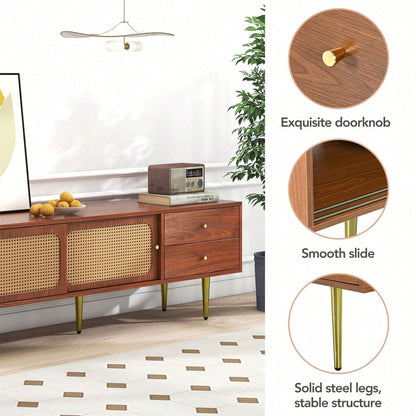 Stilvoller TV-Ständer mit Rattan-Schiebetüren und praktischen Schubladen, Nussbaum mit dunklem Kunststoff-Rattan, 2 Schubladen, 2 Rattan-Schiebetüren, 4 Fächer zur Aufbewahrung, 160*40*60cm.