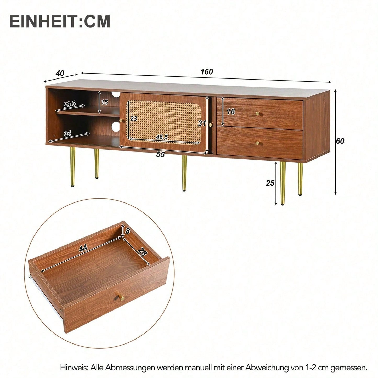 Stilvoller TV-Ständer mit Rattan-Schiebetüren und praktischen Schubladen, Nussbaum mit dunklem Kunststoff-Rattan, 2 Schubladen, 2 Rattan-Schiebetüren, 4 Fächer zur Aufbewahrung, 160*40*60cm.