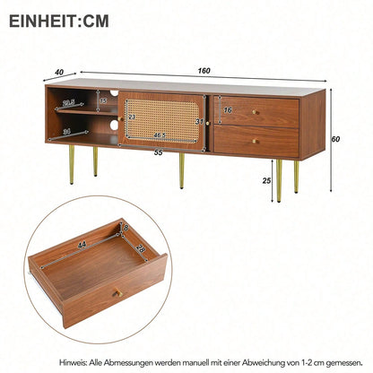 Stilvoller TV-Ständer mit Rattan-Schiebetüren und praktischen Schubladen, Nussbaum mit dunklem Kunststoff-Rattan, 2 Schubladen, 2 Rattan-Schiebetüren, 4 Fächer zur Aufbewahrung, 160*40*60cm.