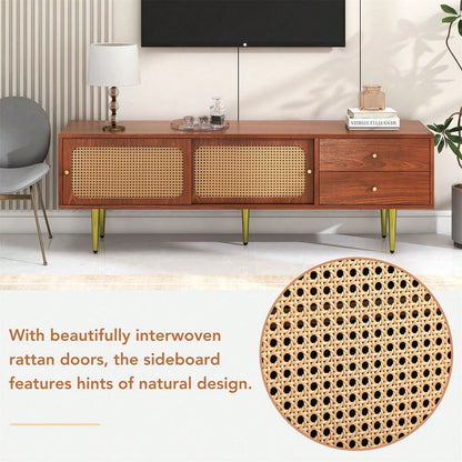 Stilvoller TV-Ständer mit Rattan-Schiebetüren und praktischen Schubladen, Nussbaum mit dunklem Kunststoff-Rattan, 2 Schubladen, 2 Rattan-Schiebetüren, 4 Fächer zur Aufbewahrung, 160*40*60cm.