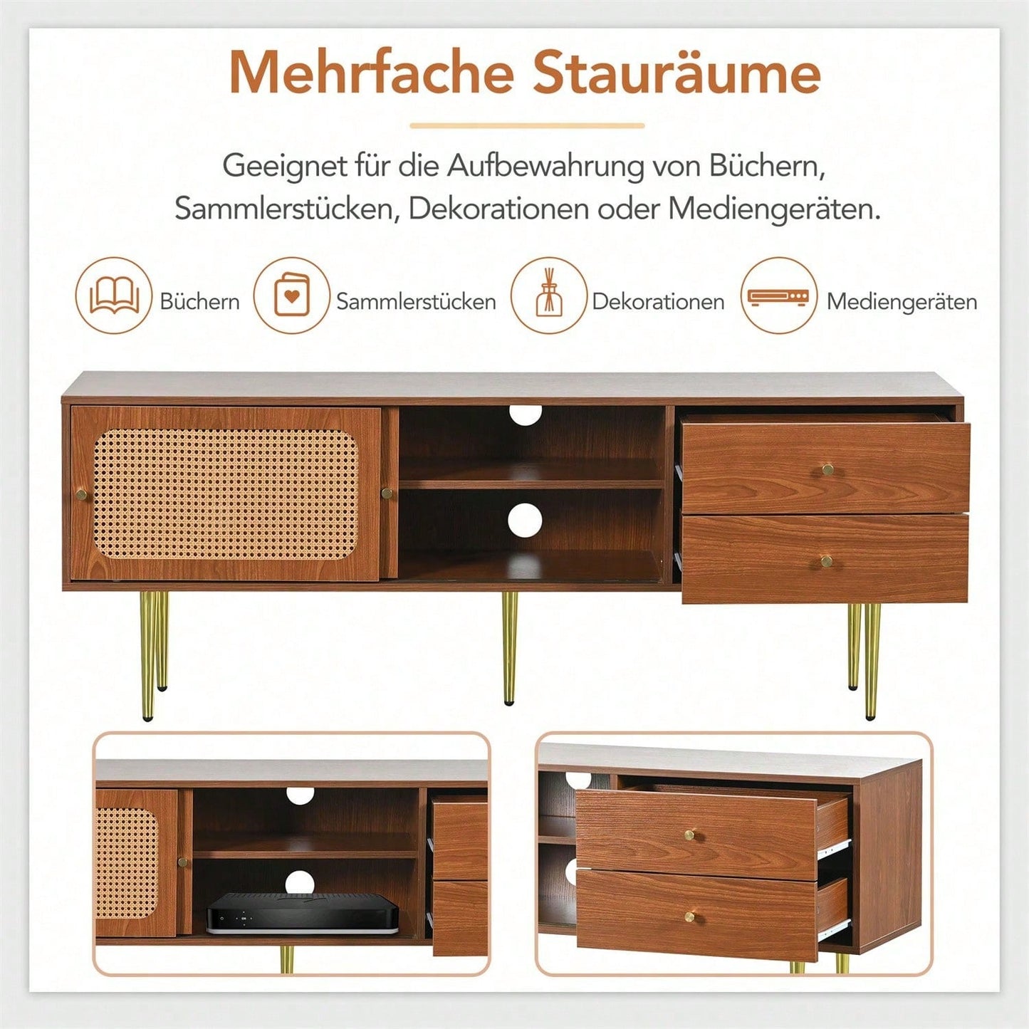 Stilvoller TV-Ständer mit Rattan-Schiebetüren und praktischen Schubladen, Nussbaum mit dunklem Kunststoff-Rattan, 2 Schubladen, 2 Rattan-Schiebetüren, 4 Fächer zur Aufbewahrung, 160*40*60cm.