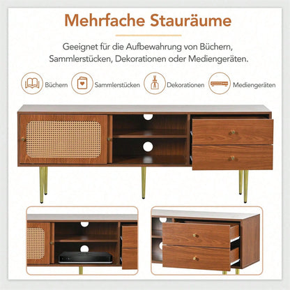 Stilvoller TV-Ständer mit Rattan-Schiebetüren und praktischen Schubladen, Nussbaum mit dunklem Kunststoff-Rattan, 2 Schubladen, 2 Rattan-Schiebetüren, 4 Fächer zur Aufbewahrung, 160*40*60cm.