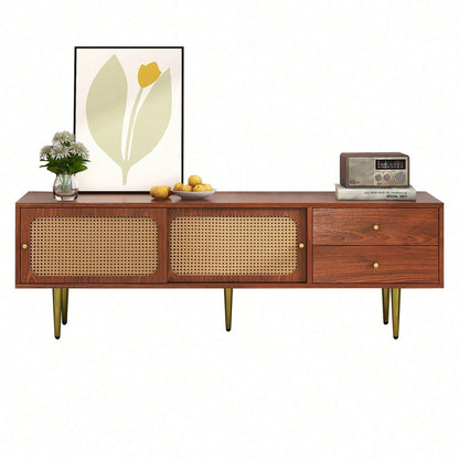 Stilvoller TV-Ständer mit Rattan-Schiebetüren und praktischen Schubladen, Nussbaum mit dunklem Kunststoff-Rattan, 2 Schubladen, 2 Rattan-Schiebetüren, 4 Fächer zur Aufbewahrung, 160*40*60cm.