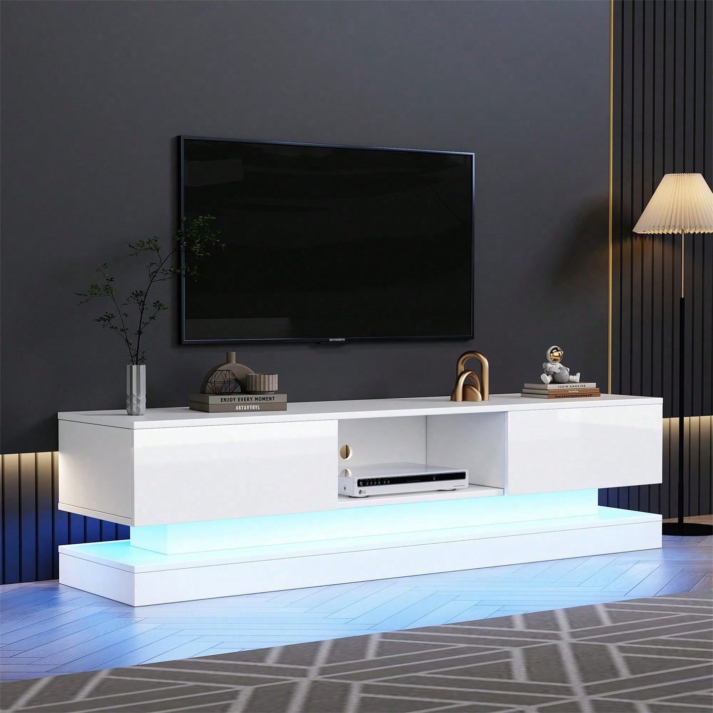 160*35*40,5 cm Schwarzer Hochglanz-TV-Ständer mit LED-Beleuchtung, 2 Schubladen, Anwendungssteuerung, Anti-Kipp-Design, geeignet für 60-Zoll-Fernseher, TV-Schränke, TV-lowboard