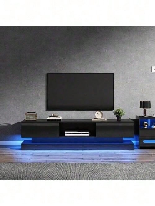 160*35*40,5 cm Schwarzer Hochglanz-TV-Ständer mit LED-Beleuchtung, 2 Schubladen, Anwendungssteuerung, Anti-Kipp-Design, geeignet für 60-Zoll-Fernseher, TV-Schränke, TV-lowboard