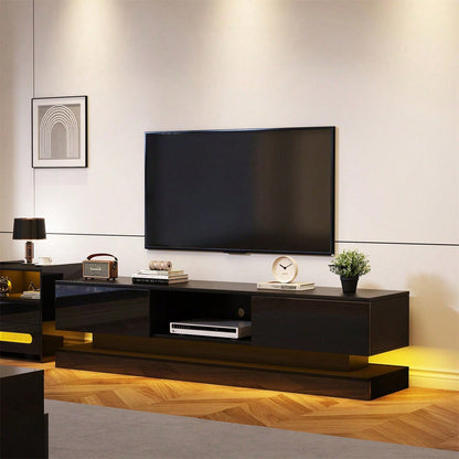 160*35*40,5 cm Schwarzer Hochglanz-TV-Ständer mit LED-Beleuchtung, 2 Schubladen, Anwendungssteuerung, Anti-Kipp-Design, geeignet für 60-Zoll-Fernseher, TV-Schränke, TV-lowboard